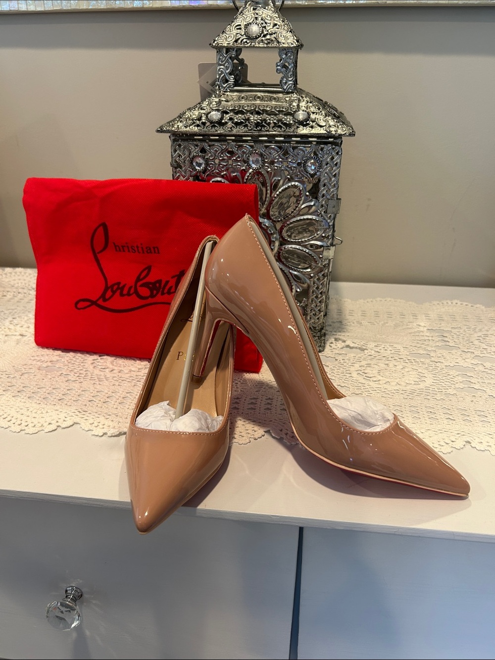 Nude Patent Pointed-Toe Stiletto Pumps with Red Bottom